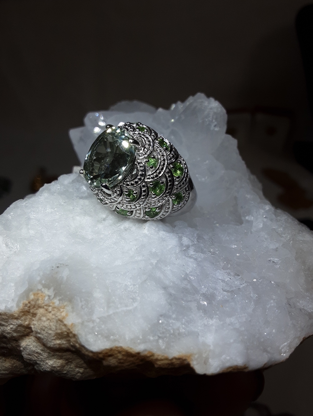 925 Genuine Prasiolite And Tsavorite Garnet Ring.